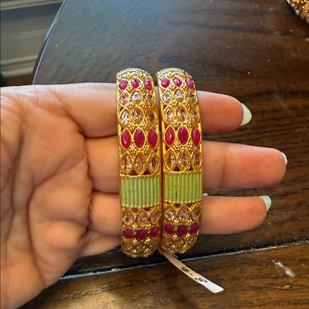 Gold-Tone Crystal & Pink Enamel Bangle Bracelets